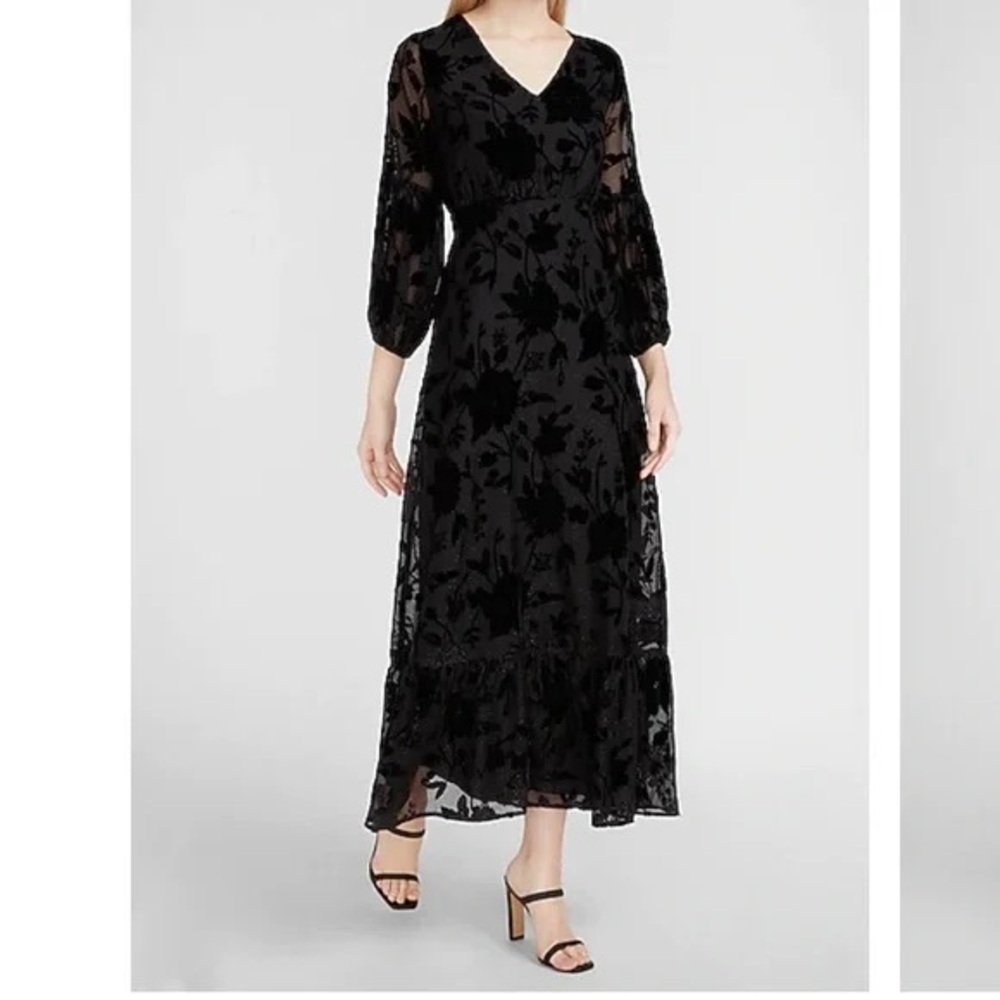 Express Velvet Burnout Black Floral Maxi Dress. Size Small